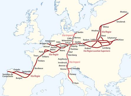 De loop van de Via Imperii en Via Regia, Romeinse wegen in Europa. Op 5 juli 2023 van https://commons.wikimedia.org/wiki