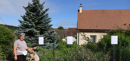 Catherine Dartinet présente la composition de son jardin aux randonneurs.