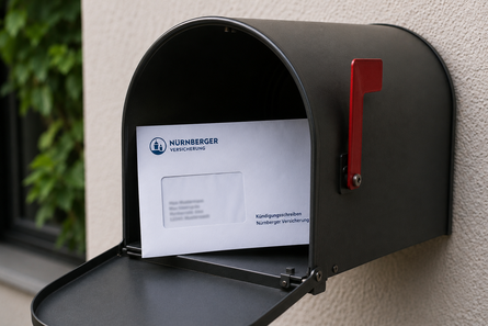 Kündigungsschreiben der Nürnberger Versicherung in einem deutschen Briefkasten – gekündigte Gebäudeversicherung und Altvertrag.