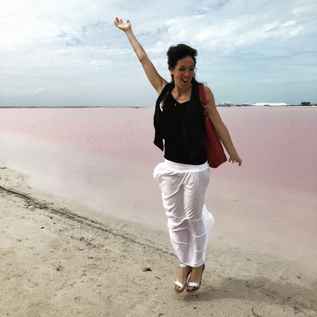 Irene is super happy at the Pink Lake