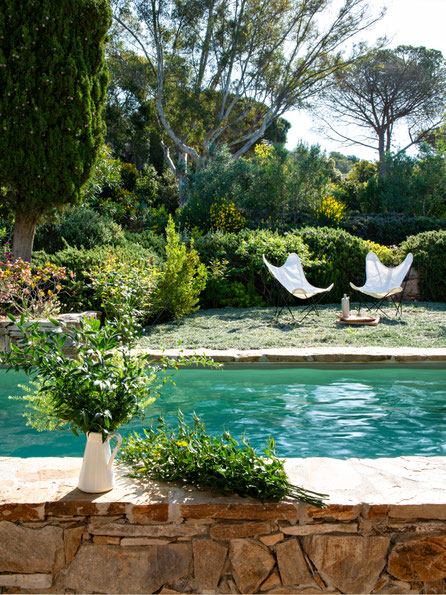Détail piscine, transat, jardin, provence
