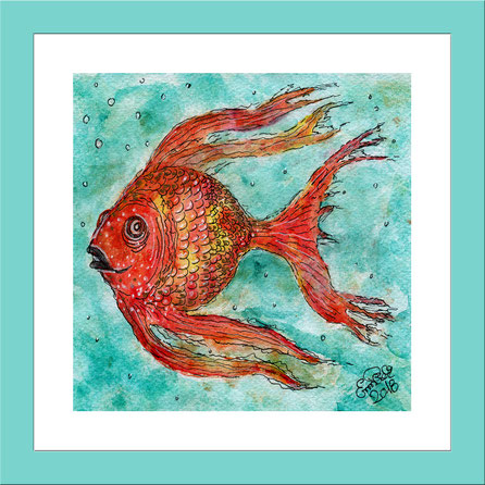 Exponattitel: Goldfisch - Exponatgröße: 40 x 40, mit Rahmen - Art: Tusche- und Aquarellmalerei - Signatur: datiert, signiert - Copyright by Emil Pelz 2018
