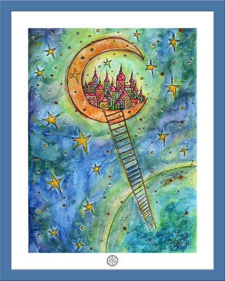 Exponattitel: Die Stadt im Mond - Exponatgröße: 30 x 40 / mit Rahmen 40 x 50 - Art: Tusche- und Aquarellmalerei - Signatur: datiert, signiert - Copyright by Emil Pelz 2018