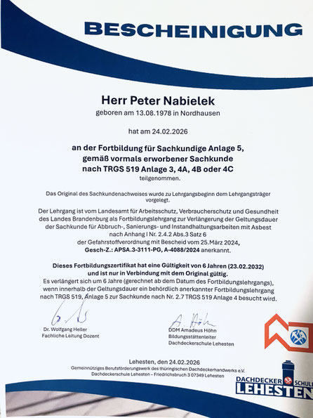 Zertifikat Peter Nabielek Dachdeck GmbH & Co. Kg Asbestsanierung