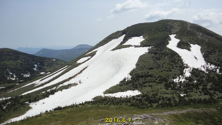 　　　　　　　　　　　　　　　　　　　　　　　　　　　少雪で中央が窪んだ 2016.6.7の大岳東斜面