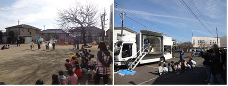 市川市消防局の方をお招きし、避難訓練を行いました。年長組は地震体験車に乗車しました（２０２４．１．１９）