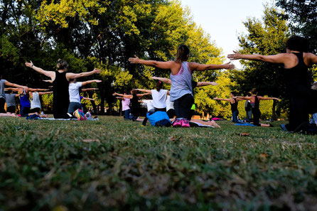 Menschen üben Yoga im Park