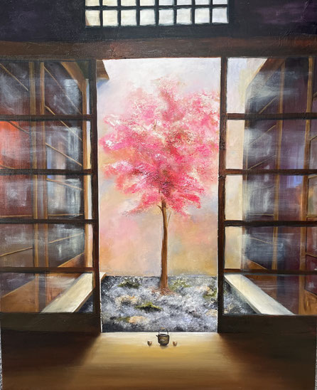 "Jardin japonais ", 100 x 81 cm, huile et pigments sur toile de lin montée sur châssis