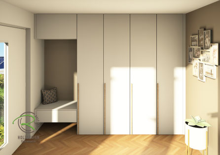 Fotorealistische 3D CAD Garderobenplanung von Schreinerei Holzdesign Ralf Rapp für Stockach in der Bodenseeregion mit Garderobennische mit Sitzbank, Kleiderschrank, Schuhschrank & Staubsauger Schrank in weiß und senkrechte Garderobengriffleisten