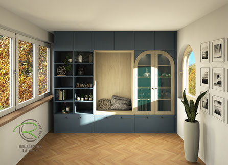 3D-fotorealistische Entwurfsplanung einer blauen Wohnwand nach Maß mit offenem Regal, gemütlicher Sitznische und Rundbogen Glasvitrine in Eichen Holzdekor von Schreinerei Holzdesign Ralf Rapp in Geisingen