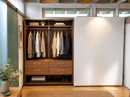 Maßgefertigter flächenbündiger Schiebetürenschrank mit weißen Fronten, Nussbaum-Innenausstattung, höhenverstellbarer Inneneinteilung und Schubladen nach Maß von Holzdesign Rapp.