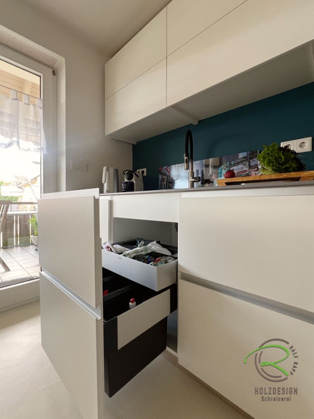 Kleine Küche in Tuttlingen vom Schreiner in der Näche mit Mülltrennsystem von Blanco mit praktischer Organisations-Schublade für Spülbürste & Co.