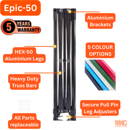 Epic-50 custom printed gazebo frame with 5-year warranty, anodised colour options and replaceable parts from stock.