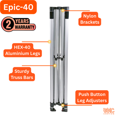 Epic-40 custom printed gazebo frame with 2-year warranty, sturdy aluminium legs and reliable event shelter construction.