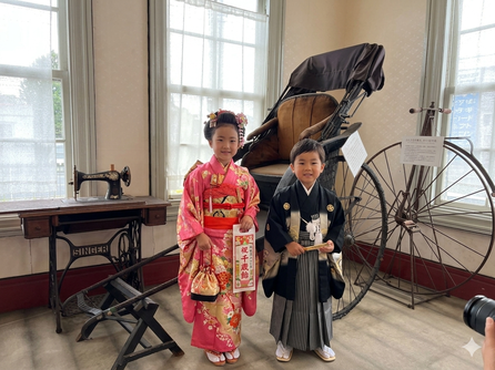 人力車の前で七五三の写真を通る子供（AI編集）