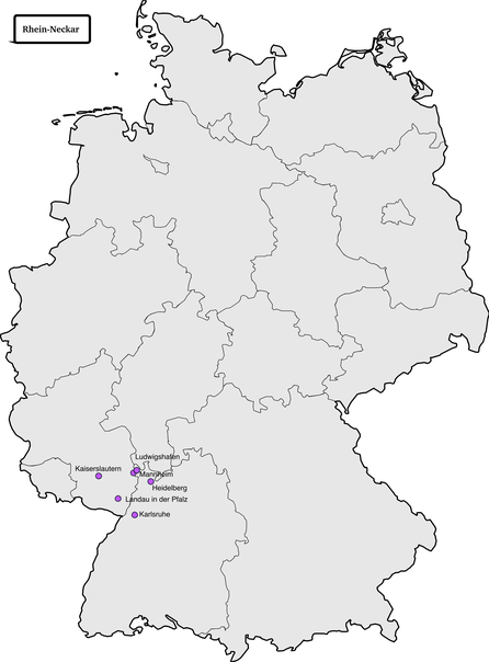 Deutschlandkarte. Städte der Region "Rhein-Neckar" sind markiert.