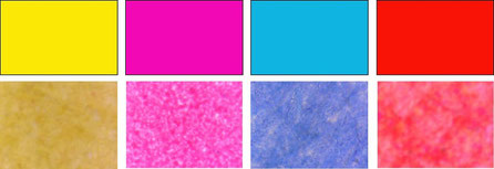 Observations au microscope d'impressions jaune, magenta, cyan et rouge