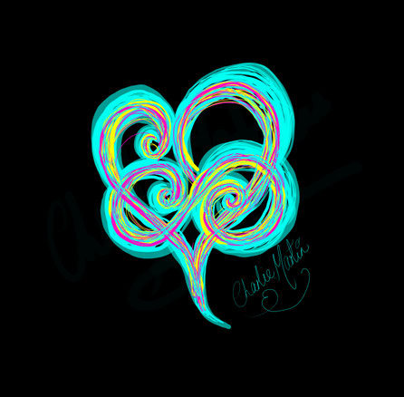 infinity of love, polyamory symbol by Charlie Martin Artist, author. turquoise cerise, yellow. relationships