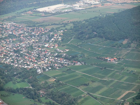 Bürgstadt (links) mit dem Zentgrafenberg und dem Main (oben links).