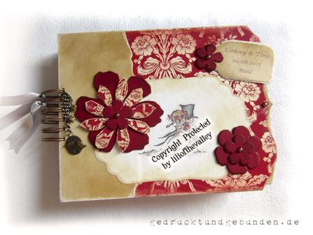 Fotoalbum Hochzeit, Scrapbook Hardcover, Wire-o-Bindung, Drucke, Applikationen, Accessoires, Charms, bedruckte Innenseiten