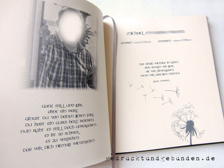 Kondolenzbuch mit individuell bedruckter Doppelseite im Buch - Setzen Drucken Binden - handgefertigtes Kondolenzbuch.