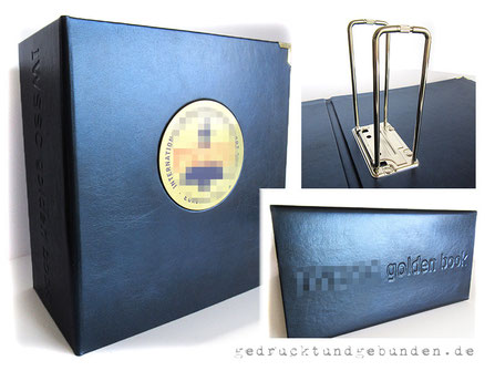 Ledereinband runde Aussparung für individuell bedruckte Platte, Alu-Verbund gold Durchmesser 120mm UV-Druck CMYK
