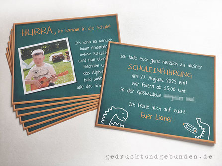 Individuelle Einladungskarten zur Schuleinführung Einschulung, Grafik Schriftart Farbgebung und Text nach Wunsch, Endformat 18cm x 14cm, 210g-Karton weiß matt