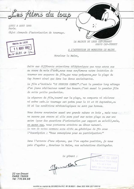 La lettre de la société de production Les Films du loup, signée par son gérant, Luc Besson. Reproduction Archives communales du Cap-Ferret.