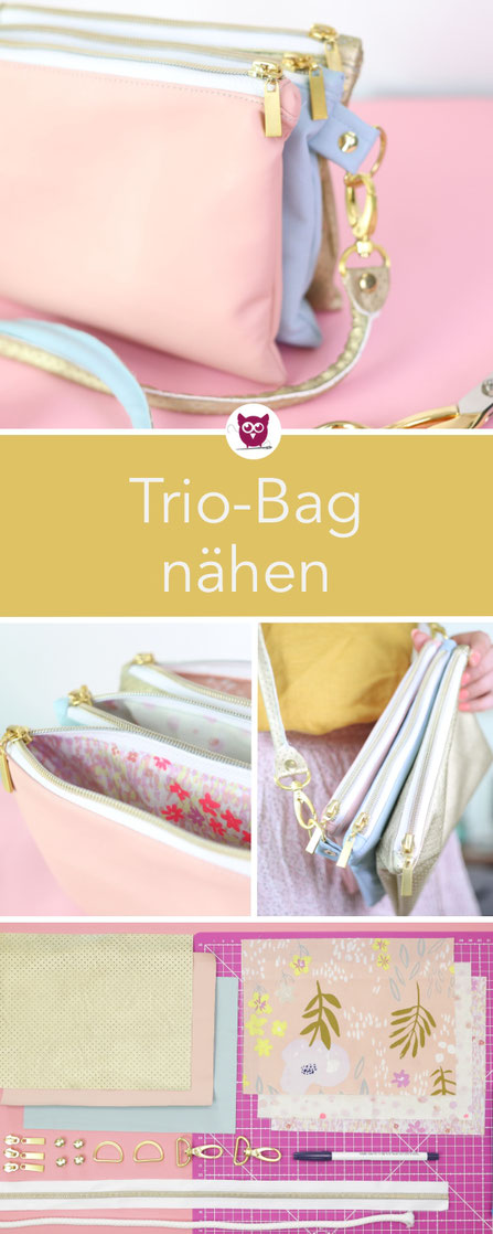 Trio-Bag nähen: Handtasche aus drei zusammengenähten Fächern aus Kunstleder mit Reißverschluss und Ziwschenfächern. Kostenlose Nähanleitung – nähen ohne Schnittmuster von DIY Eule. Perfekte kleine Handtasche für den Frühling mit DIY Paspel Henkel.