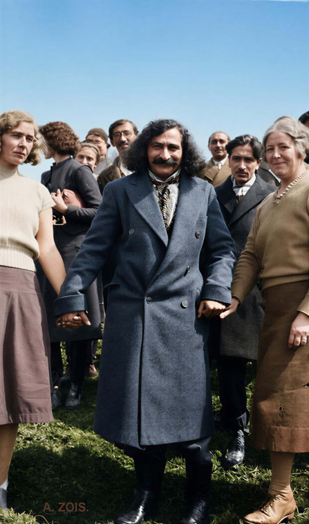 April 1932. Meher Baba with Margaret Starr (left) & possibly Mrs Helmar, at East Chalacombe, England. Image rendition by Anthony Zois.