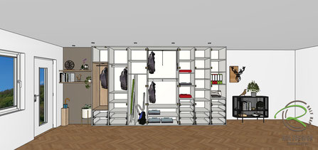 CAD Planungsentwurf für kleine Singlewohnung für einen Einbauschrank als Garderobe, HTW-Raum, Kleiderschrank und Büro von Schreinerei Holzdesign Ralf Rapp in Geisingen 