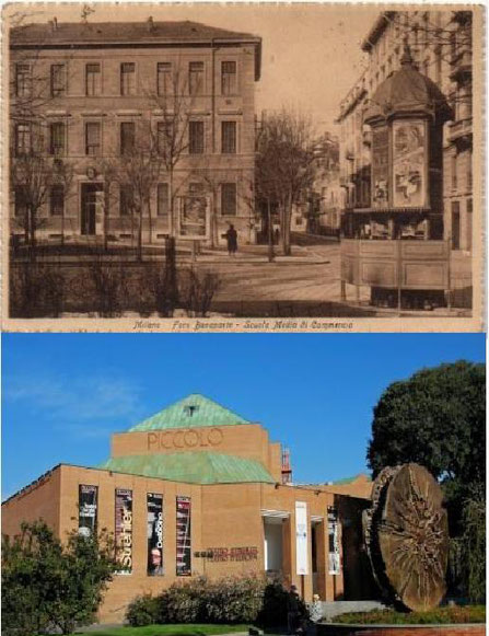Nella foto sopra com'era (Scuola Schiaparelli) e com'è oggi (Piccolo Teatro Strehler)