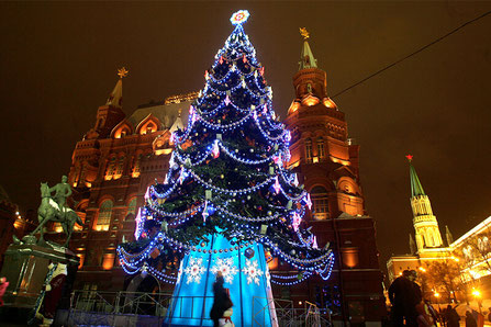 Moscow-A New Year tree (Yolka)stands outside the Kremlin's Yolka