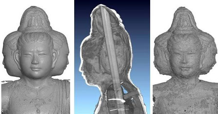 　　　　　X線CTデータから作成した三次元画像（正面・断面・原型）