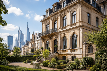 Denkmalgeschützte Gründerzeitvilla in Frankfurt am Main mit Sandsteinfassade und Skyline