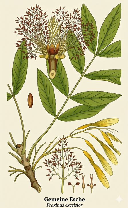 Gemeine Esche (Fraxisnus excelsior) – botanische Illustration mit Blättern, Blüten und Früchten