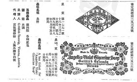 Chinese Trademark Bulleting 1929: A box ticket for "Angelica" Violet Glycerine Soap" & the infamous man-headed bird logo