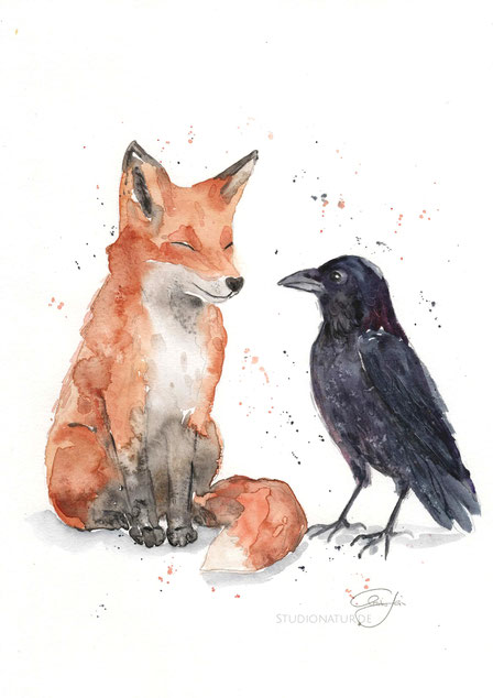 Krähe, Rabe, crow, raven, Fuchs, Füchse, Jungfuchs, fox couple, fox pair, fox lover, Tierschutz, Aquarell, Kunstwerk, Original, Gemälde, Illustration, Wolfaquarell, contemporaryart, zeitgenössische Kunst, watercolour, watercolor, aquarela, aquarelle