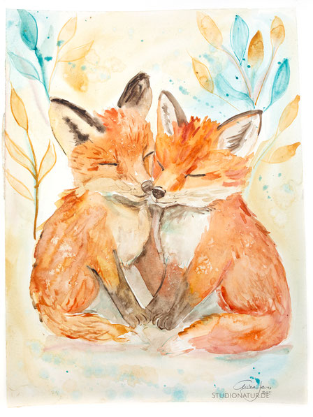 Fuchs, Füchse, Jungfuchs, fox couple, fox pair, fox lover, Tierschutz, Aquarell, Kunstwerk, Original, Gemälde, Illustration, Wolfaquarell, contemporaryart, zeitgenössische Kunst, watercolour, watercolor, aquarela, aquarelle