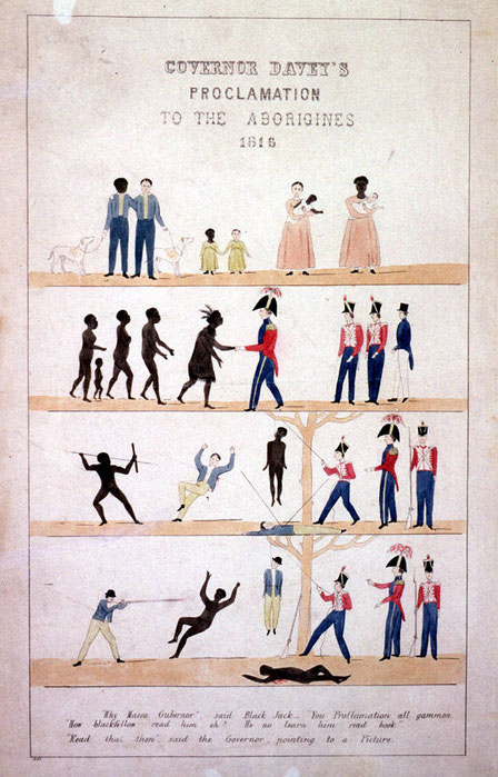 An illustrated colonial-era proclamation shows peaceful and violent encounters between British soldiers and Aboriginal people in 1816.