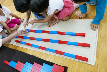 幼児教室の幼稚園児クラスのモンテッソーリ活動で、計算棒を使ったグループ活動を行い、算数の基礎を育んでいます。