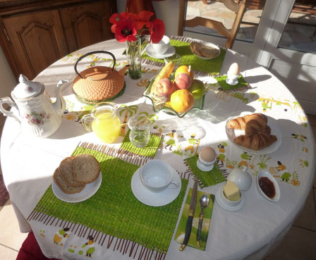 Croissants chauds, pain aux céréales grillé ou pas, confitures maison, beurre de la ferme, oeufs coque pondus hier, jus d'orange frais... J'ai faim!