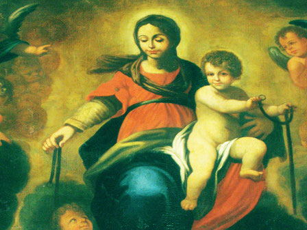 On distingue la boucle métallique tenue par l'enfant Jésus