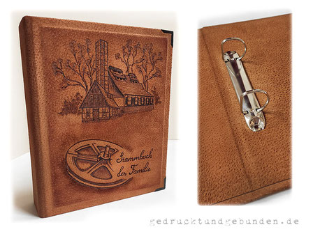 Stammbuch Leder cognacfarben, Brandmalerei mit Schattierungen, Motiv aus 4 Fotos zusammengestellt, 2-D-Ringmechanik, Lederausstattung innen, Metall-Buchecken.