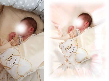 Schnappschuss Babyfoto vor und nach der Bildbearbeitung Composing für den Druck, in Verbindung mit Wunschtext.