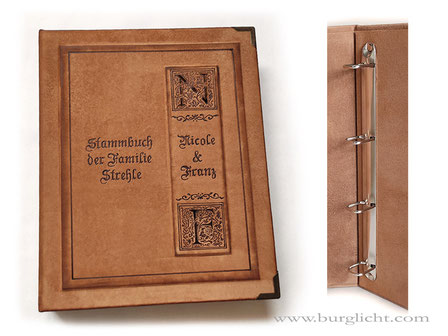 Personalisiertes Stammbuch, Hardcover-Bucheinband mit 3 Ebenen, Bucheinbandmaterial Leder naturbraun, Gestaltungstechnik Lederbranding.