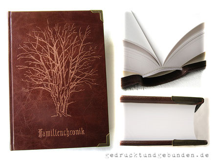 Familienchronik, A4 Hardcover-Bucheinband, Leder dunkelcognacfarben 400 Seiten naturweiß Fadenheftung Gravur Baum nach Kundenfoto und Schriftzug Familienchronik, Metallbuchecken antikmessingfarben