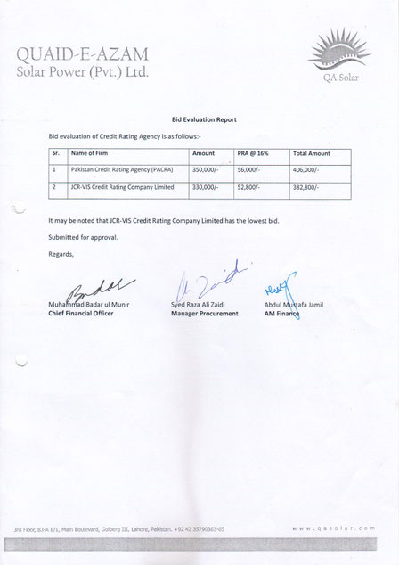 Bid Evaluation Report of Credit Rating Agency