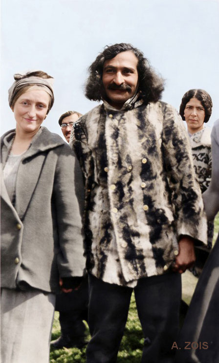 April 1932. Meher Baba with Margaret Cranske and Kim Tolhurst at East Chalacombe, England. Image rendition by Anthony Zois.