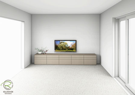 Fotorealistische Entwurfsplanung für grau-braunes TV-Lowboard in Geisingen nach Maß vom Schreiner mit umlaufend betonten Fugen und dünnen Stollen und Ablageplatte mit Schubladen und Klappen sowie Kabelorganisation